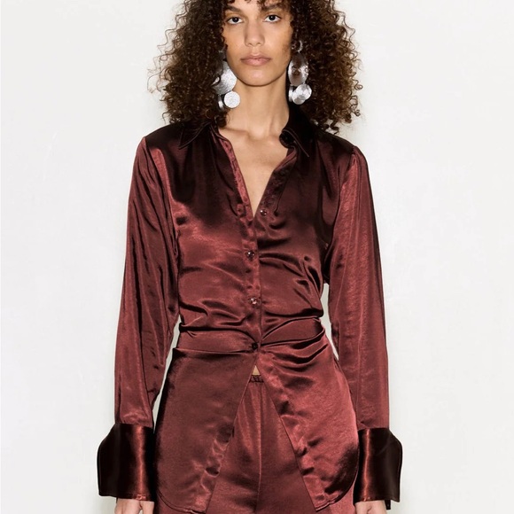 SIMON MILLER Loch Satin Button Up in Choco Brown - Picture 2 of 4